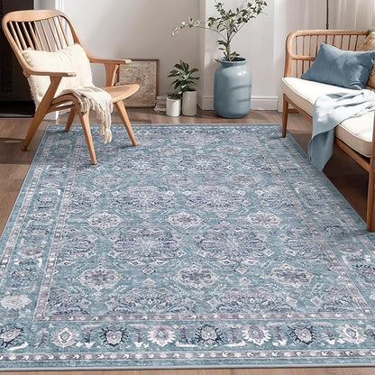 SERISSA Area Rug 4x6 Boho Rugs for Bedroom, Washable Non-Slip Living Room Rugs, Ultra Soft Print Distressed Low-Pile Throw Rug Blue Grey Carpet for Nursery Dorm Kitchen Living Room Decor