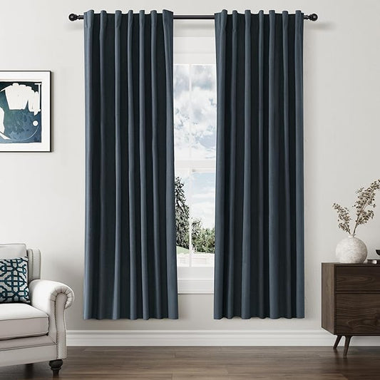 Guken Vintage Blue 100% Blackout Linen Curtains 72 Inch Length 2 Panels Set for Living Room Bedroom Back Tab/Rod Pocket Thermal Insulated Black Out Drapes Room Darkening Window Curtains