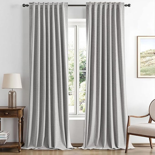 MIULEE 100% Blackout Linen Curtains for Bedroom, Greyish White Solid Luxury Decor Thermal Insulation Room Darkening Drapes for Living Room Nursery Back Tab Rod Pocket 42 x 96 Inches, 2 Panels