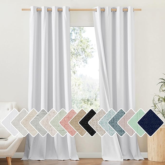 NICETOWN 100% Absolutely Blackout Linen Curtains with Thermal Insulated White Liner, White, 52 inches Wide, 120 inches Length Energy Saving Curtains for Living Room 2 Panels Set, Vertical Blinds