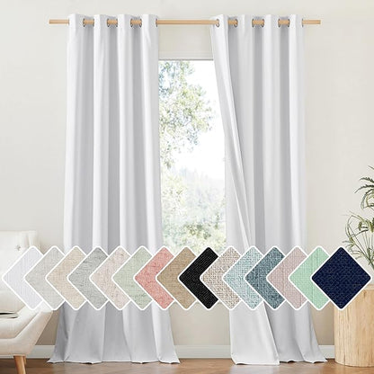 NICETOWN 100% Absolutely Blackout Linen Curtains with Thermal Insulated White Liner, White, 52 inches Wide, 108 inches Length Energy Saving Curtains for Living Room 2 Panels Set, Vertical Blinds