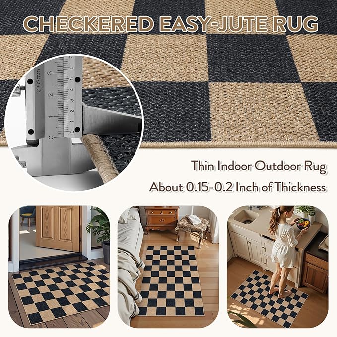 Lahome Colette Checkered Easy Jute 2x3 Rug, Small Entryway Rug Non Slip Kitchen Front Door Mat, Farmhouse Neutral Area Rug Non Shedding Low Pile Floor Carpet for Foyer Porch Doorway