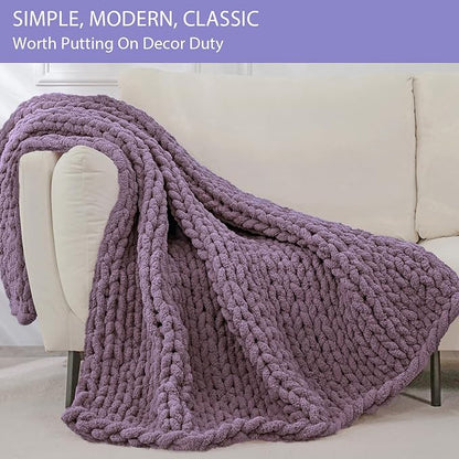 Bigacogo Chunky Knit Throw Blanket for Couch, 40x40 inches, 100% Hand Knitted with Thick Jumbo Chenille Yarn, Cozy Soft Large Rope Knot Cable Crochet Blankets for Sofa Bed Living Room, Winter Grape