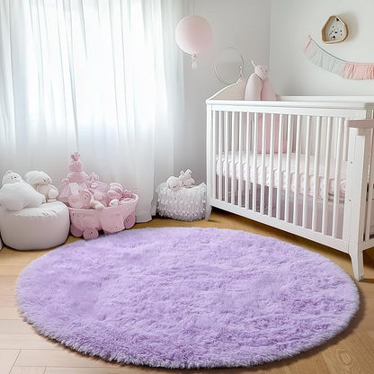 ONASAR Light Purple Round Area Rug 4ft, Soft Bedroom Circle Rugs Floor Mats for Kids Girls Teen Room, Cute Fluffy Plush Shaggy Carpet for Baby Nursery Living Room Playroom Dorm Home Decor
