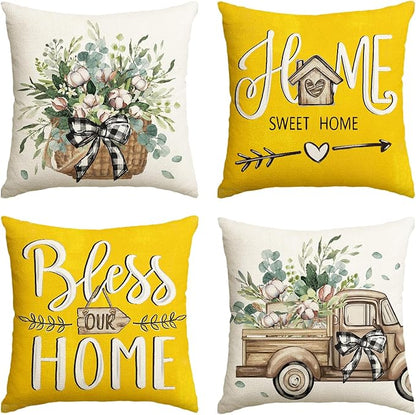 AVOIN colorlife Bless Our Home Farmhouse Eucalyptus Leaves Throw Pillow Covers, 20 x 20 Inch Yellow Truck Home Sweet Cushion Case Decorations Set of 4