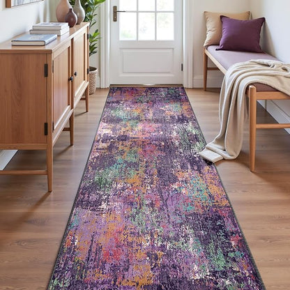 Washable Area Rugs 2'x6' Non-Slip Modern Abstract Soft for Living Room Entryway Bedroom Nursery, Print Pattern, Purple Orange Blue Green Rust Red Colorful