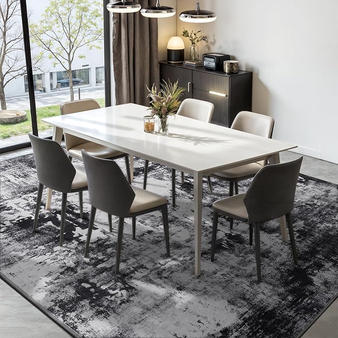 Rugflix 9x12 Area Rugs for Living Room, Washable Large Rug Stain-Resistant Low Pile, Modern Dark Carpet for Dining Room Home Office Kid Room Nursery Bedroom, Black Grey