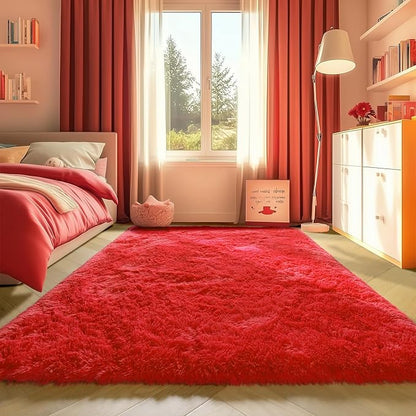 ONASAR Red Rugs for Living Room Bedroom, 5x8 Fluffy Bedside Area Rug, Soft Plush Shaggy Indoor Floor Carpet for Nursery Kids Girls Boys Teen Dorm Home Office Decor Aesthetic