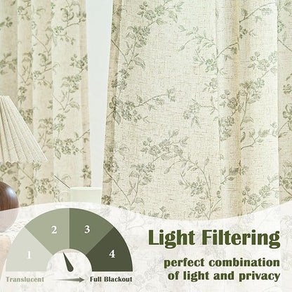 Lazzzy Green Floral Linen Curtains 96 Inch Farmhouse Back Tab Drapes for Living Room Bedroom Light Filtering Vintage Grandmillennial Rod Pocket Curtains, 2 Panels, W38 x L96, Green on Beige