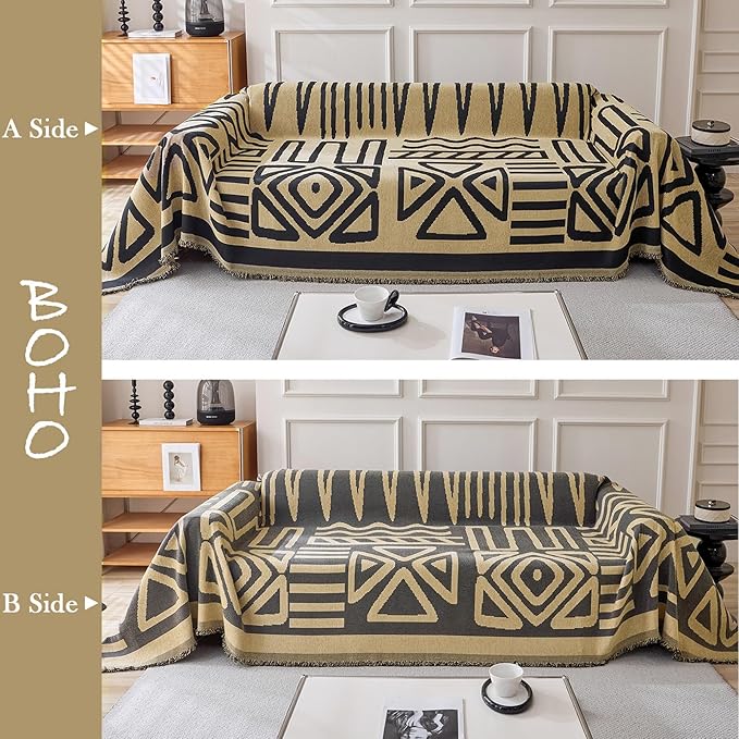 HANDONTIME Boho Geometric Couch Covers for Sofa Pet Friendly Taupe and Black Sofa Covers Washable Chenille Couch Blanket Cover for 3 4 Cushion Couches Pet Protector Furniture Cover Soft, 71" X 134"