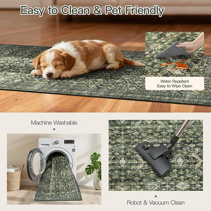 Lofus 2X 6 Area Rug, Green Washable Runner Rugs for Hallways with Non Slip Rubber Backing, Low Pile Soft Carpet Runner for Kitchen Bathroom Bedroom Laundry