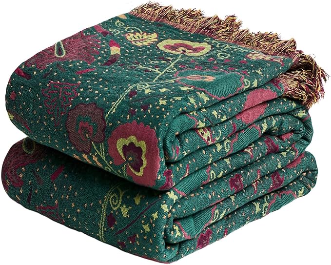 MSGKV Boho Throw Blanket for Couch and Sofa Cotton Blankets for Living Room Bedroom Reversable Florals Throw 60"x80" Spring Breathable Cozy Blankets