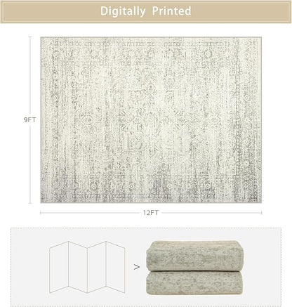 Washable Rugs 9x12 Area Rugs for Living Room,Bedroom,Dining Room- Large Ultra Soft Faux Wool Retro Carpets,Non Slip&Non-Shedding Low Pile Vintage Print Rug for Home Office Decor- Beige