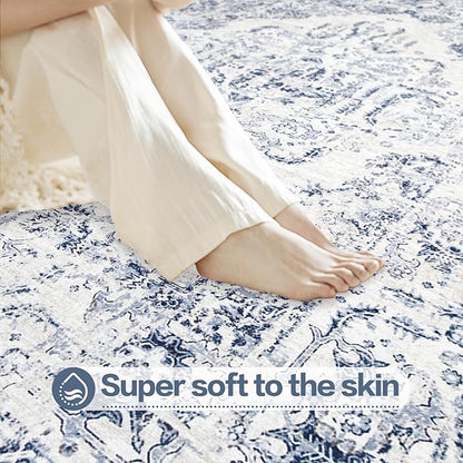 9x12 Area Rugs for Living Room: Washable Rug Vintage Large Rugs Soft Non Slip Low Pile Rug Floral Distressed Floor Carpet for Bedroom Dining Room Home Office (Blue,9'x12')