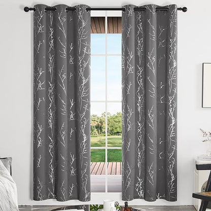 Deconovo Grey Blackout Curtains for Bedroom, Thermal Insulated Soundproof Drapes, Silver Branch Foil Print, 42 x 84 Inches Long, 2 Panels, Machine‑Washable Grommet Window Panel for Living Room Office