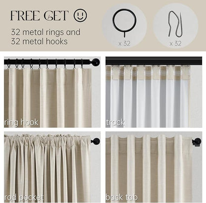 Topfinel Cream Linen Blackout Curtains 102 Inch Length 2 Panels Set for Living Room Bedroom Back Tab Thermal Insulated 100% Black Out Linen Drapes Room Darkening Cabin Curtains Beige