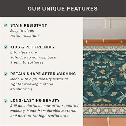 Hazo Haus Insect Teal Green 5x7 Area Rug for Living Room - Cottage Core Rug for Bedroom, Dining Room, Kids Playroom, Home Office, Floral Vintage Whimsical Butterfly Washable Non Slip Floor Décor