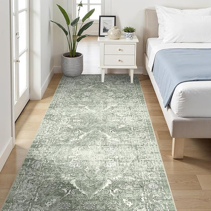 4x8 Washable Hallway Runner Rug - Wide Kitchen Runners Vintage Low Pile Carpet Soft Thin Floor Runner with Rubber Backing for Entryway Bedroom Living Room Home Decor (Muted Sage Green)