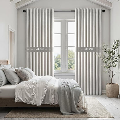 Linen Blackout Curtains 70 Inches Extra Wide 84 Inch Long for Living Room Grey Beige Room Darkening Back Tab Pleated Drapes for Bedroom Winter Thick Window Energy Efficient 70"W x 84"L 2 Panels