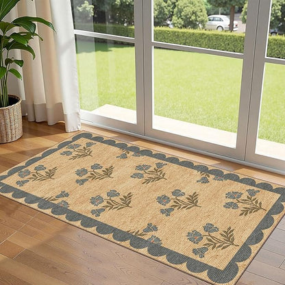 Front Door Mat Indoor Entrance - 2x4.3 Ft Blue Floral Washable Layered Doormat Outdoor Entrance Porch Rug Non-Slip Neutral Country Jute-Look Runner Rug for Kitchen Laundry Room Porch Decor
