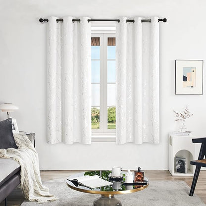 Deconovo Room Darkening Curtains, White Curtain, Thermal Insulated & Noise Reducing Drapes, Silver Branch Pattern, 42 x 63 Inch Long, Grommet Panels for Bedroom Living Room Office Nursery, Set of 2