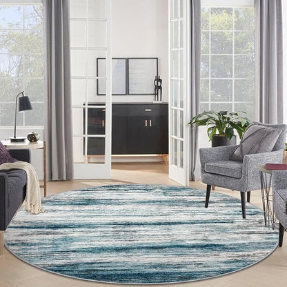 KOZYFLY Round Washable Rugs 6Ft Modern Abstract Ombre Rug for Bedroom, Washable Circle Rug Non-Slip Soft Striped Living Room Area Rug, Print Blue Carpet for Laundry Nursery