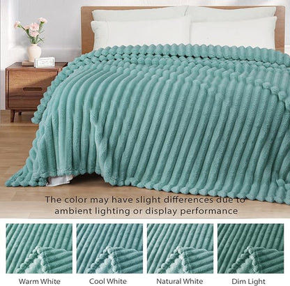 Exclusivo Mezcla Twin Size Flannel Fleece Blanket, Super Soft Striped Jacquard Bed Blanket, Lightweight Fuzzy Cozy for All Seasons, 60x80 Inches, Celadon