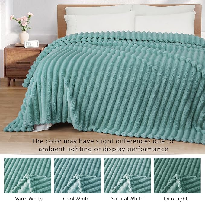 Exclusivo Mezcla Fleece Throw Blanket for Couch, Super Soft Striped Jacquard Bed Blanket, Lightweight Fuzzy Cozy for All Seasons, 50x60 Inches, Celadon