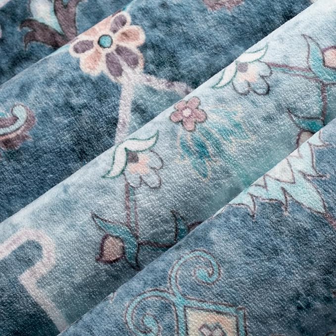 SERISSA Area Rug 3x5 Boho Blue Rugs for Bedroom, Washable Kitchen Rugs Non-Slip, Ultra Soft Print Distressed Vintage Entry Rug Low-Pile Throw Rug Carpet for Bedroom Nursery Living Room Dorm Decor