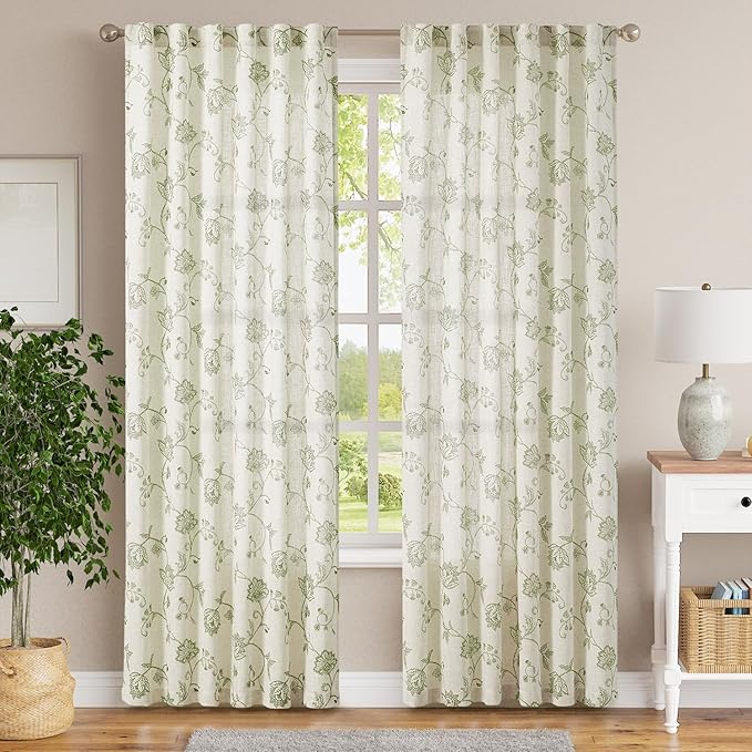 jinchan Linen Curtains Floral Curtain 84 Inch Length for Living Room Bedroom Light Filtering Rod Pocket Back Tab Jacobean Curtains Flax Linen Texture Window Drapes Set 2 Panels Green on Linen
