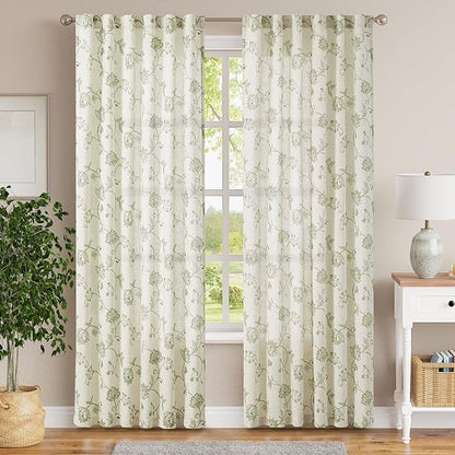 jinchan Linen Curtains Floral Curtain 84 Inch Length for Living Room Bedroom Light Filtering Rod Pocket Back Tab Jacobean Curtains Flax Linen Texture Window Drapes Set 2 Panels Green on Linen