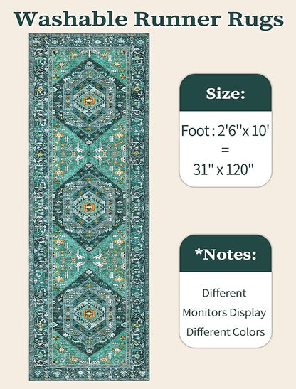 SERISSA Boho Washable Runner Rug, 2'6"x10' Long Rug Runner Non-Slip Vintage Teal Hallway Kitchen Stair Runner Rug Ultra Soft Print Distressed Floor Carpet Runner for Bedroom Bathroom Laundry Room