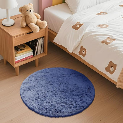 OLANLY Denim Blue Round Rugs for Bedroom - Machine Washable, 2 ft Circle Area Rugs for Living Room, Soft and Fluffy Shaggy Carpet for Teen Girl and Boys, Nursery Rooms, Dorms, Home Decor Aesthetic
