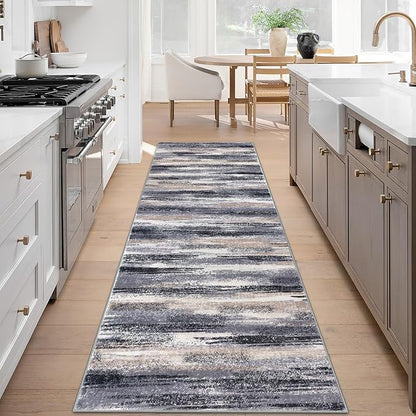 Lansny Modern Abstract Runner Rug 3x8, Grey Black Multi Washable Kitchen Runner Non-Slip Soft Hallway Rug Runner Thin Print Faux Wool Carpet for Entryway Bedroom Laundry Room Indoor Home Office Decor