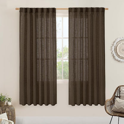 LAMIT Linen Curtains 68 Inch Length 2 Panels, Light Filtering Panels Back Tab and Rod Pocket Neutral Drapes for Bedroom/Window/Living Room, Dark Brown, 52 x 68 Inch