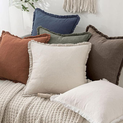 MIULEE Decorative Throw Pillow Covers Neutral Linen Fringe Throw Pillows Euro Shams Set of 2 Natural Coffee Boho Farmhouse Cushion Covers for Couch Sofa Bed Living Room Spring Home Decor 22x22 Inch