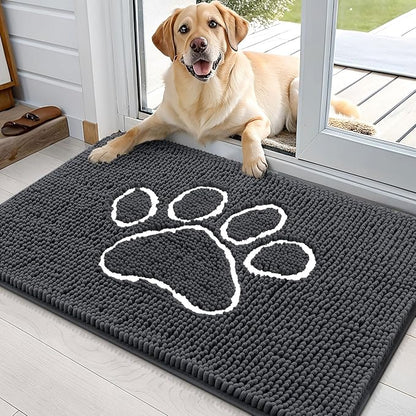 OLANLY Dog Door Mat for Muddy Paws 36x24, Paw Print Design, Absorbs Moisture and Dirt, Absorbent Non-Slip Washable Doormat, Quick Dry Chenille Mud Mat for Dogs, Entry Indoor Entryway Carpet, Dark Grey