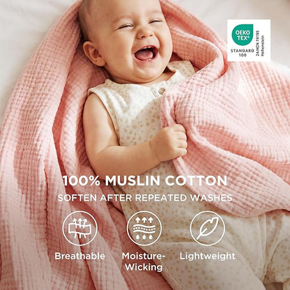 Bedsure 100% Cotton Muslin Blanket Queen Size for Bed - 4-Layer Breathable and Lightweight Thin Soft Summer Gauze Muslin Blankets for Adults, Pink, 90x90 Inches