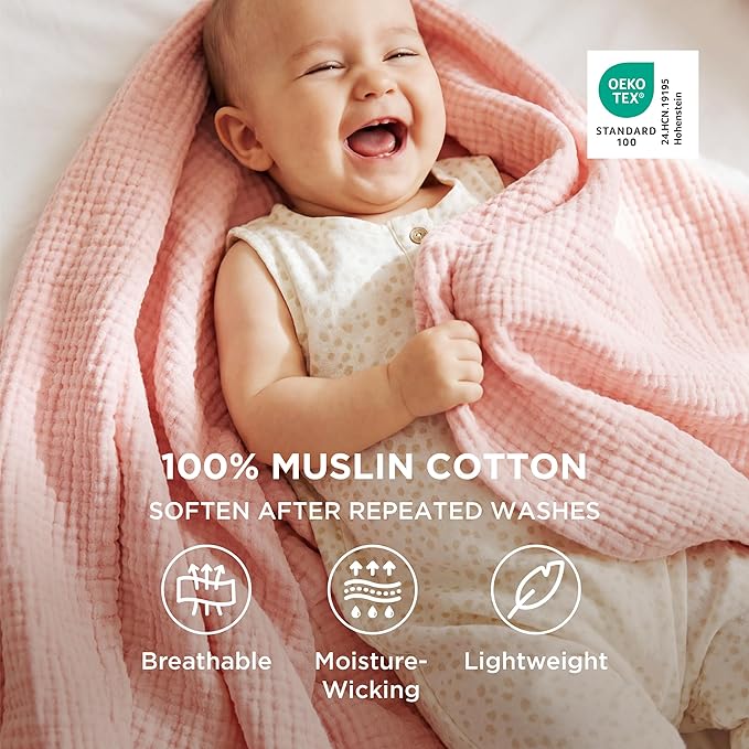 Bedsure 100% Cotton Muslin Throw Blanket Twin XL for Bed - 4-Layer Breathable and Lightweight Thin Soft Summer Gauze Muslin Blankets for Adults, Pink, 66x90 Inches