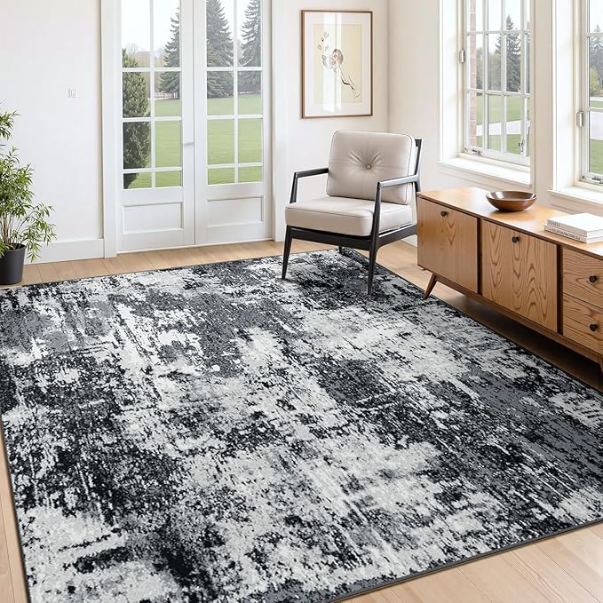 Washable Area Rugs7'x9' Non-Slip Modern Abstract Soft for Living Room Entryway Bedroom Nursery, Print Pattern, Black Navy Blue Gray