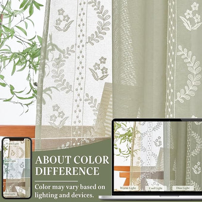 jinchan Belrose Sage Green Floral Sheer Curtains for Living Room 84 Inch Long Voile Embroidered Farmhouse Curtains for Bedroom Ivory Flower Patterned Rod Pocket Window Treatments, 2 Panels Green