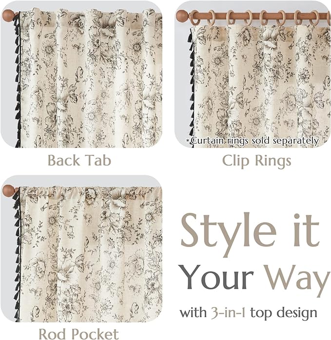 jinchan Linen Curtains Floral Curtains Living Room 96 Inch Long Printed Curtains Tassels Rod Pocket Back Tab Farmhouse Rustic Peony Flower Patterned Drapes Bedroom Window Curtain Set 2 Panels Black