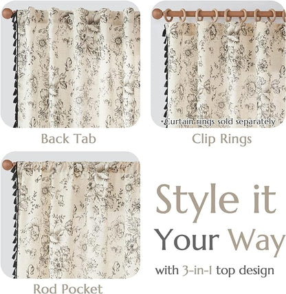 jinchan Linen Curtains Floral Curtains Living Room 96 Inch Long Printed Curtains Tassels Rod Pocket Back Tab Farmhouse Rustic Peony Flower Patterned Drapes Bedroom Window Curtain Set 2 Panels Black