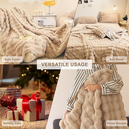 HANDONTIME Plush Sofa Slipcovers Washable Couch Cover for Sofa Super Soft Faux Fur Sofa Covers for 3 Couch Cousion Soild Khaki Rabbit Plush Couch Cushion Covers for Kids Pets, 71" X150"