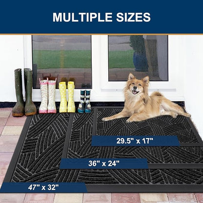 Smiry Front Door Mat Outside Entrance, Heavy Duty Sturdy Natural Rubber Doormat, Trap Dirt and Moisture, Easy Clean Low Profile Mats for Indoor Outdoor Entry, Interwoven Stripes 29.5x17, Black