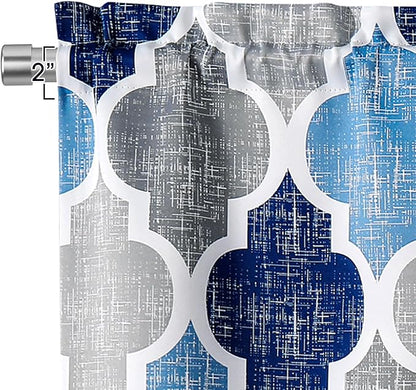 Beauoop Lattice Blackout Window Valance Curtain Panels Thermal Insulated Noise Reduction Drapes for Kitchen Cafe Living Room Quatrefoil Window Treatment Sets Rod Pocket, 50W x 18L, Blue/Gray, 1 Panel