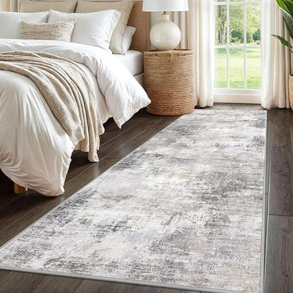 IOHOUZE Abstract Runner Rug 3x8 Ft Washable Runners for Hallways, Non Slip Kitchen Runner Printed Faux Wool Entryway Runner Indoor, Modern Abstract Floor Carpet for Hall Bedroom, Grey Beige