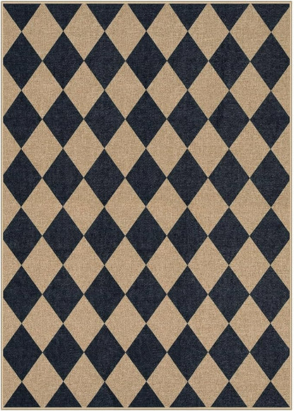 Lahome Checkered Easy Jute 5x7 Area Rugs, Washable Outdoor Patio Rug for Living Room Diamond Indoor Outdoor Carpet, Farmhouse Geometric Non Slip Black Carpet for Backyard Dining Room
