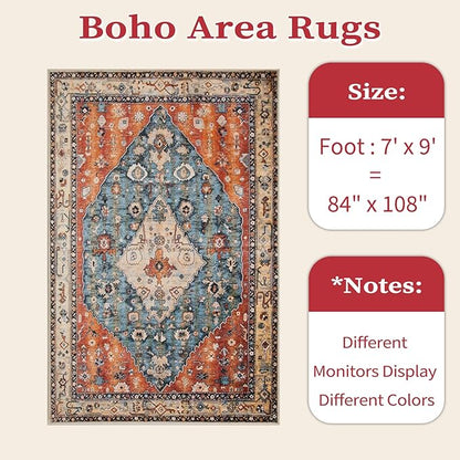 SERISSA 7x9 Area Rugs for Living Room, Large Washable Non-Slip Boho Rug, Ultra Soft Vintage Oriental Tribal Print Distressed Carpet for Dining Room Bedroom Dorm Office Home Decor