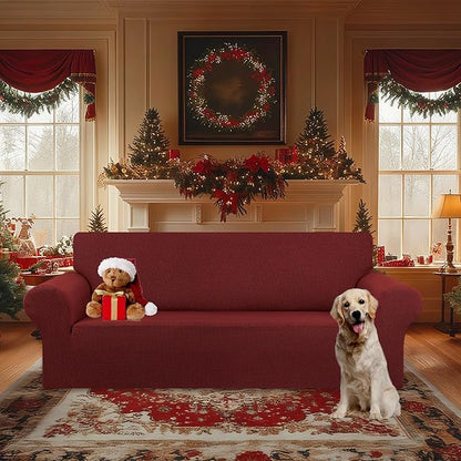 KEKUOU Stretch Oversized Sofa Slipcover 1 Piece Couch Sofa Cover (94"-110") Furniture Protector 4 Seater Sofa with Elastic Bottom for Kid,Pet.Jacquard Checked Pattern Fabric(X Large,Dark Red)